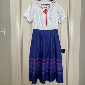 Chic White and Blue Midi Dress with Red Details